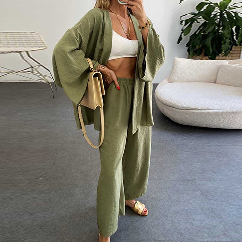 Women Fashion Casual Cotton Linen Cardigan Set