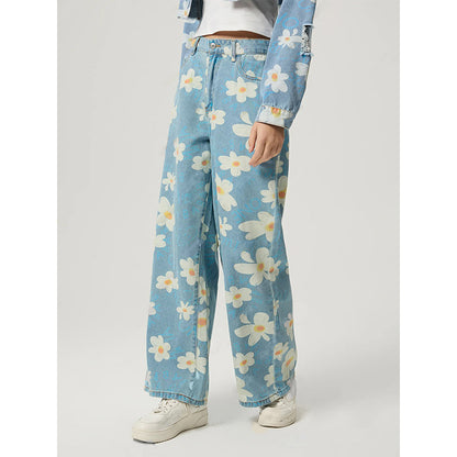 Vaqueros rectos con estampado floral retro para mujer