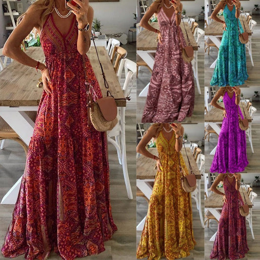 Bohemian Women Casual Tiny Flower Print V-Neck Strap Maxi Dress