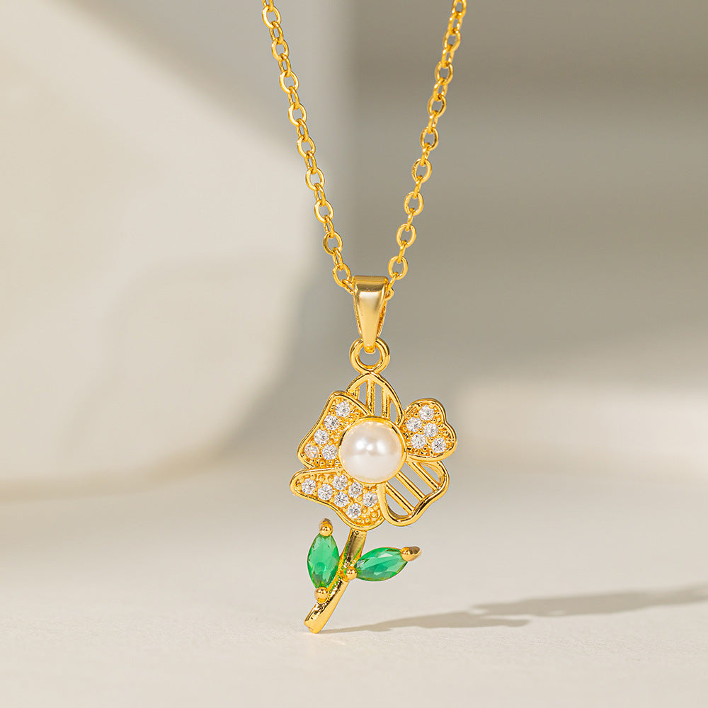 Collar de estrella de mar con perla y circonita para mujer con colgante de cobre