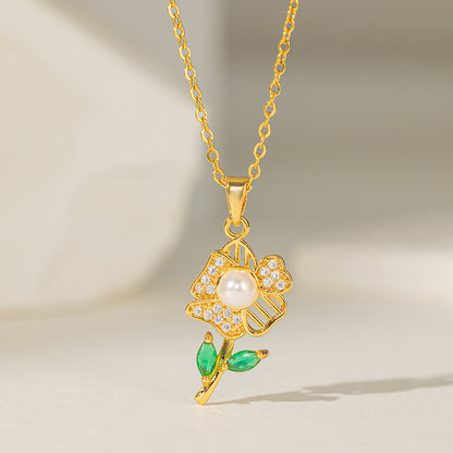 Collar de estrella de mar con perla y circonita para mujer con colgante de cobre