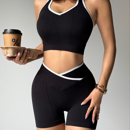 Women Fashion Contrast Color Bra Tight Shorts Sports Yoga Two-Piece Set