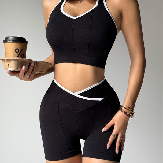 Women Fashion Contrast Color Bra Tight Shorts Sports Yoga Two-Piece Set