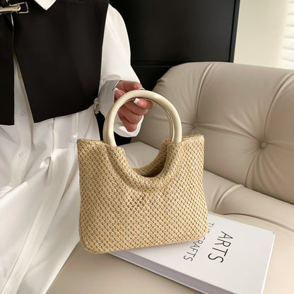 Bolso circular tejido de paja informal de moda para mujer con estilo artístico