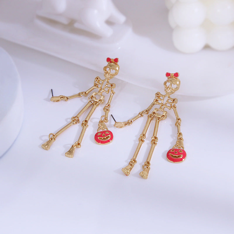 Pendientes colgantes de calavera de calabaza esmaltada para Halloween