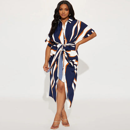 Robe rayée à manches courtes et revers pour femme, grande taille, en coton