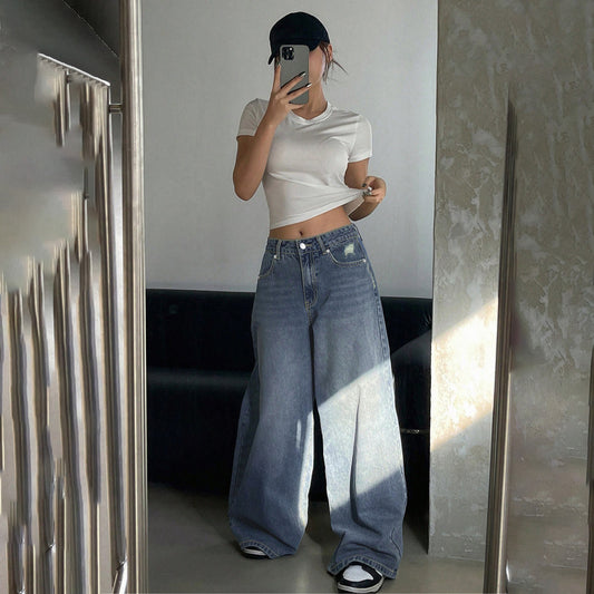 Women Fashion Casual Loose Wide-Leg Ripped Jeans