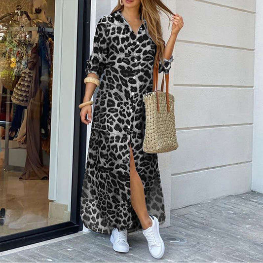 Vestido informal de manga larga con solapa de leopardo para mujer