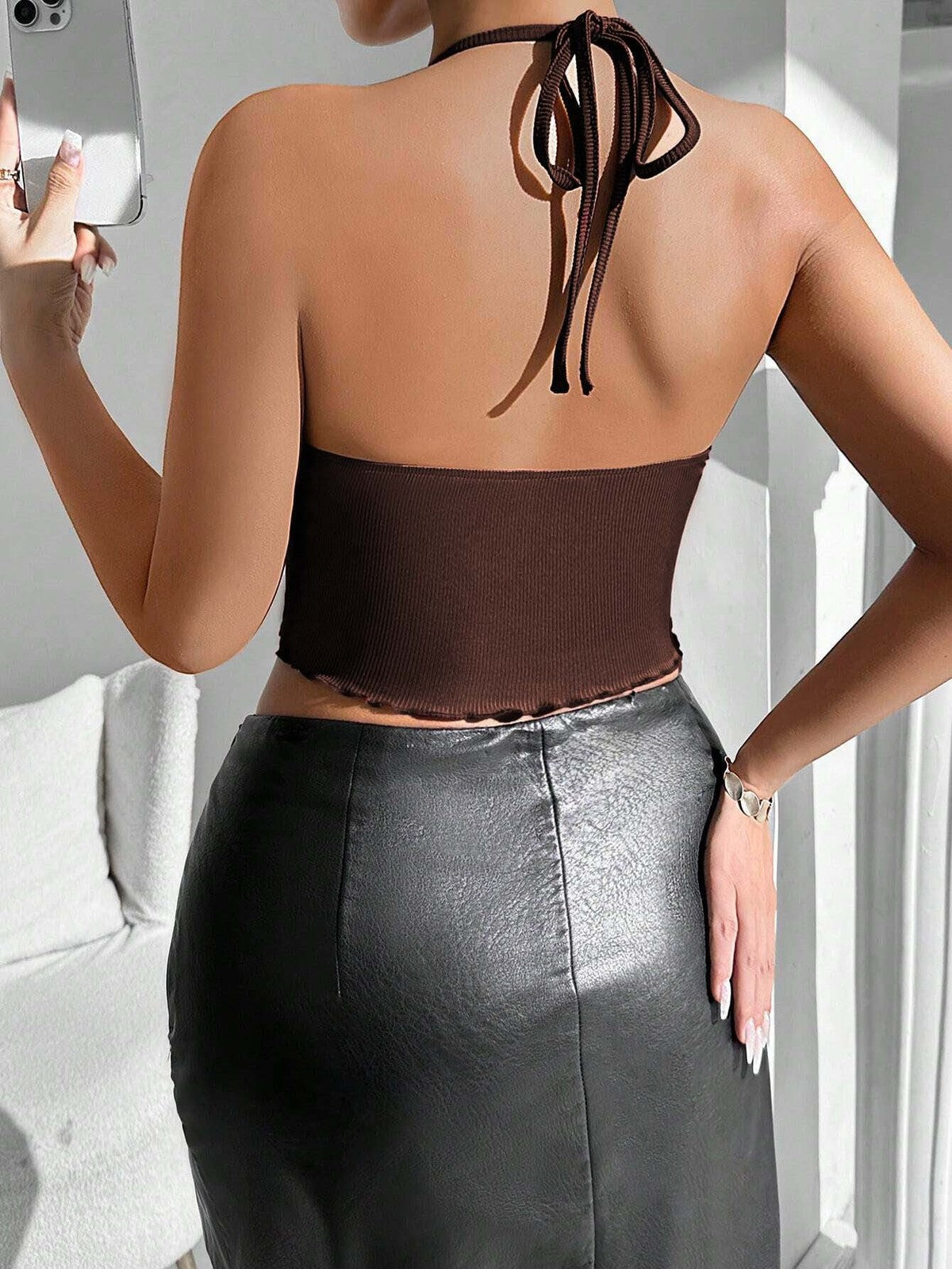 Women Sexy Neck Solid Color Cropped Top