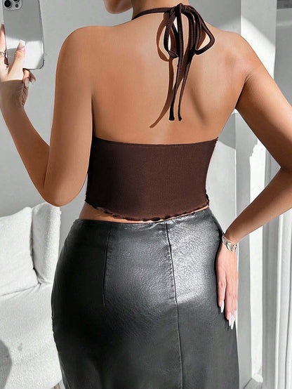 Women Sexy Neck Solid Color Cropped Top