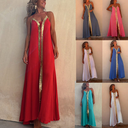 Vestido largo informal de verano con cuello halter y mangas abullonadas para primavera y verano