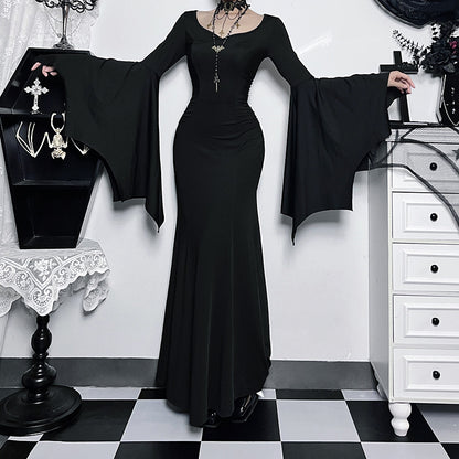 Robe longue à manches longues de style gothique pour femme, couleur unie