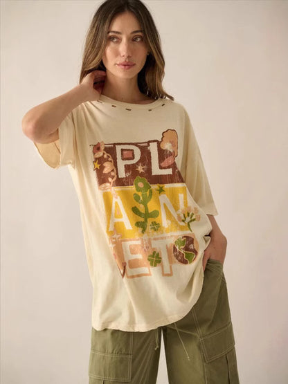 Camiseta informal de manga corta con cuello redondo y estampado para mujer