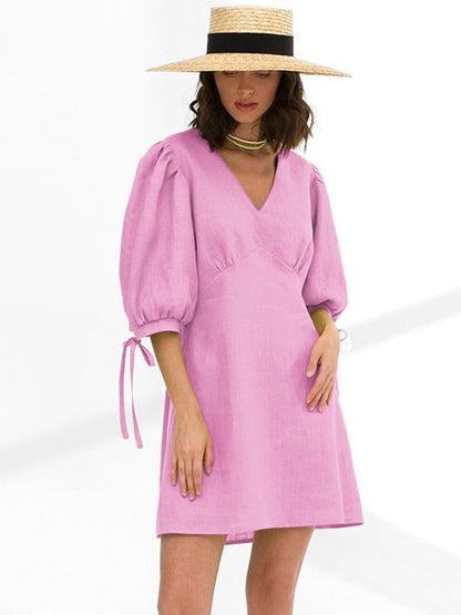Vestido informal de lino y algodón de color liso para mujer