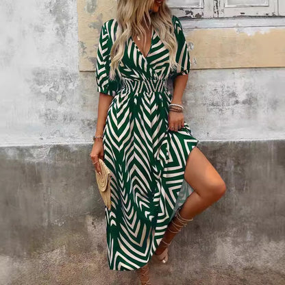 Women Fashion Casual Printed V-Neck Dress