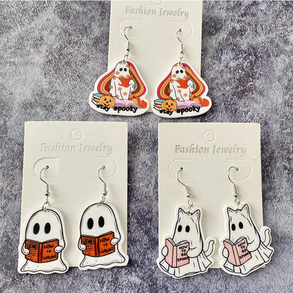 Pendientes acrílicos divertidos y creativos de gato fantasma para Halloween para mujer