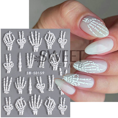Autocollants pour ongles 5D en relief pour femmes, motif tête de mort, araignée, os, citrouille, Halloween