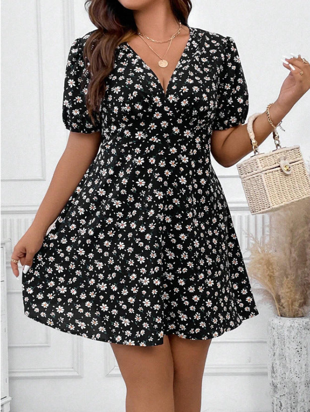 Vestido holgado informal con mangas abullonadas y cuello en V floral para mujer