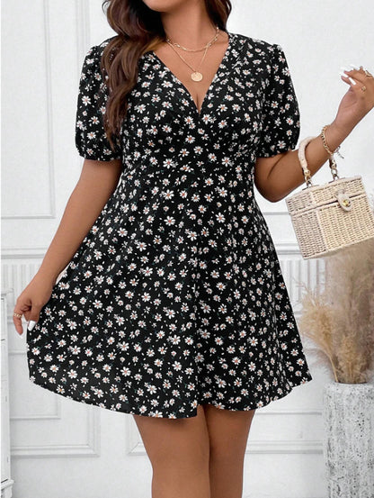 Vestido holgado informal con mangas abullonadas y cuello en V floral para mujer