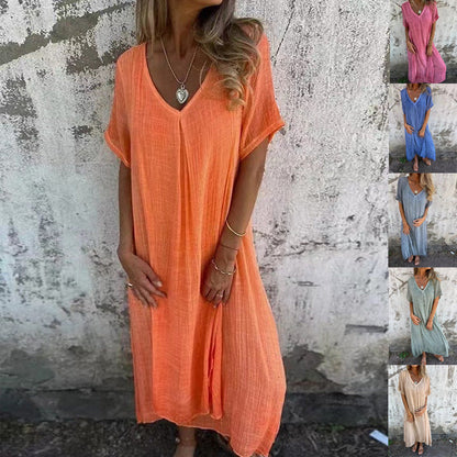Vestido informal de verano para mujer, holgado, de algodón y lino con cuello en V