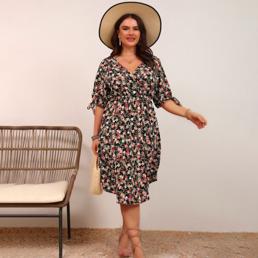 Women Fashion Elegant Plus Size Floral V-Neck Dress