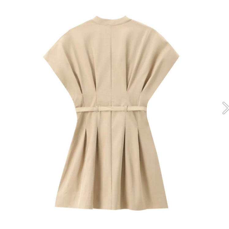 Robe d'été plissée à col en V pour femme, style bureau chic, en coton uni