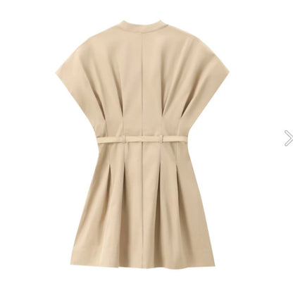 Robe d'été plissée à col en V pour femme, style bureau chic, en coton uni