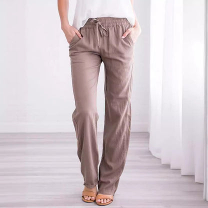 Pantalones casuales de algodón y lino de color sólido para mujer