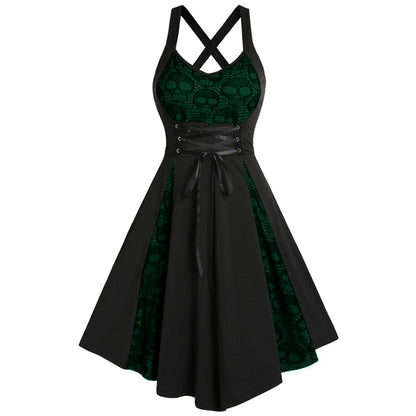 Robe gothique à coutures en dentelle et tête de mort pour femme