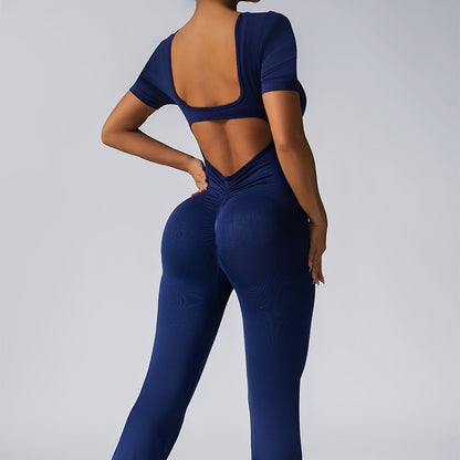 Women Fashion Casual Solid Color Seamless Short-Sleeve Backless Yoga Jumpsuits