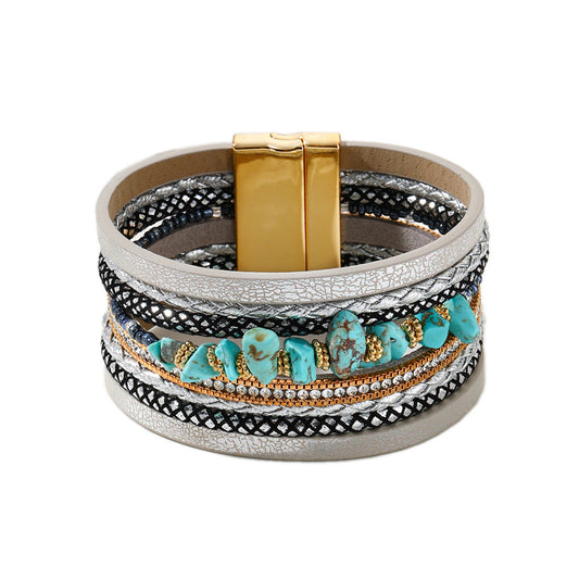 Bohemian Turquoise Beaded Leather Rhinestone Bracelet