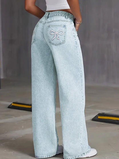 Vaqueros de pierna ancha con bordado de lazo informal a la moda para mujer