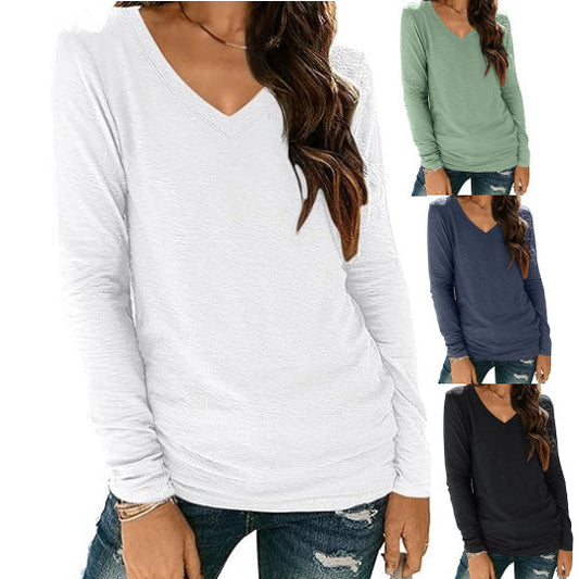 Women Fashion Casual Solid Color V-Neck Long Sleeve Blank T-Shirt