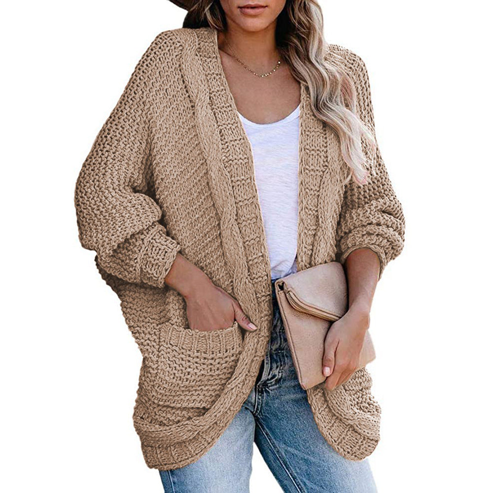 Women Thick Knitted Cardigan Coat with V-Neck