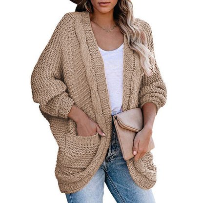 Women Thick Knitted Cardigan Coat with V-Neck