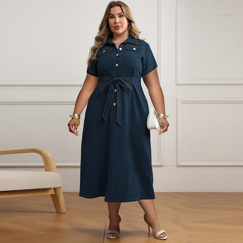 Vestido vaquero informal de talla grande con solapa, manga corta y cordones para mujer