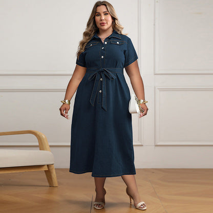 Vestido vaquero informal de talla grande con solapa, manga corta y cordones para mujer