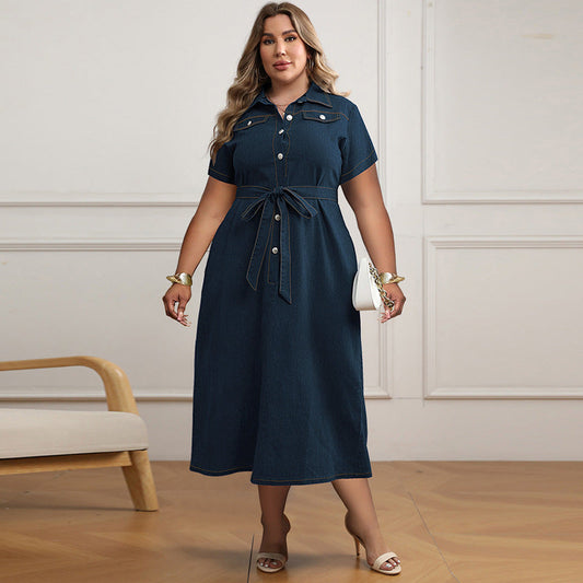 Women Fashion Casual Plus Size Lapel Short Sleeve Lace-Up Denim Dress