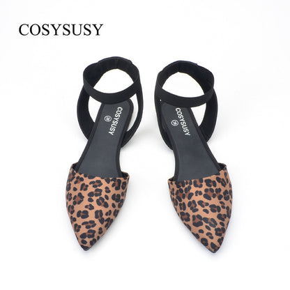Women Chic Vintage Pointed Toe Leopard Flat Ankle Strap Sandals