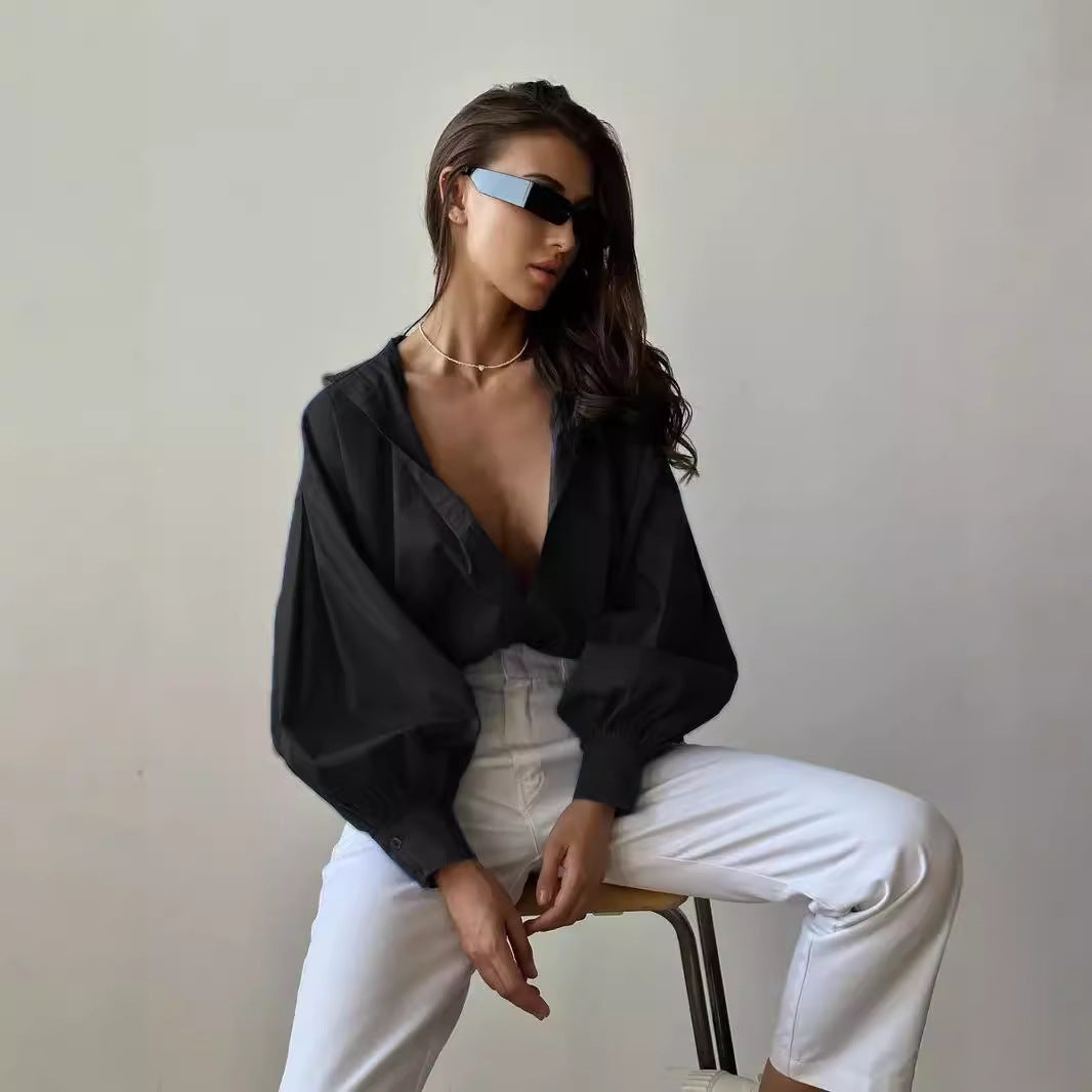 Women Casual Cotton Lantern Sleeve Blouse