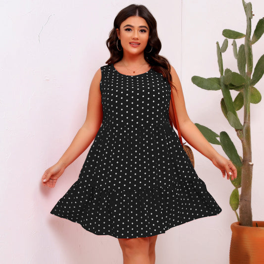Women Casual Plus Size Dot Print Sleeveless Dress
