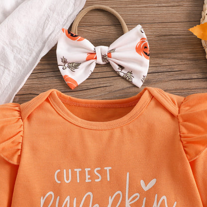 Conjunto de mameluco de manga larga con estampado de calabaza informal para niñas pequeñas