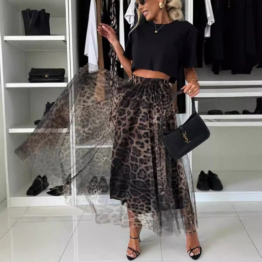 Falda de gasa con estampado de leopardo y malla de moda para mujer