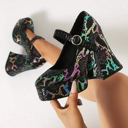 Chaussures à talons hauts et plateformes à bout rond et paillettes serpentines pour femmes