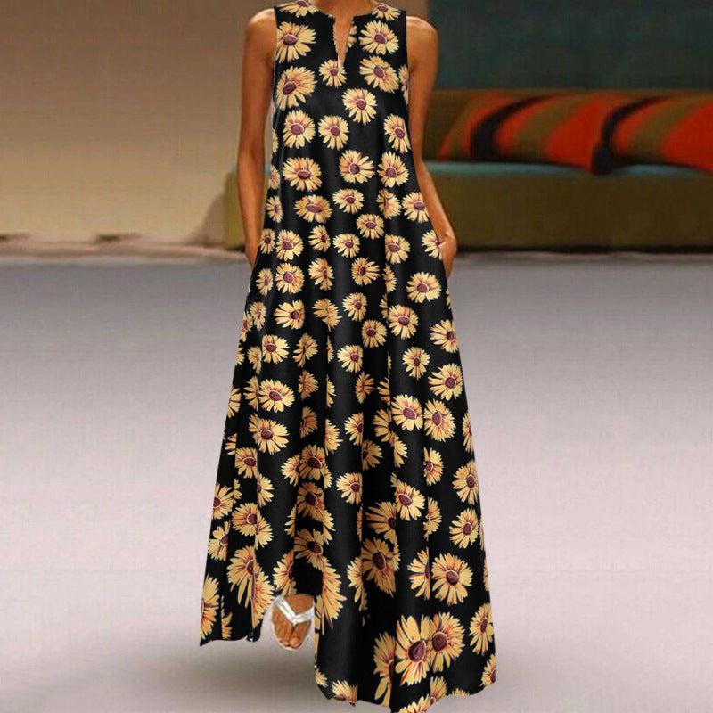 Vestido largo bohemio con estampado de girasoles para mujer, sin mangas, informal, con cuello en V