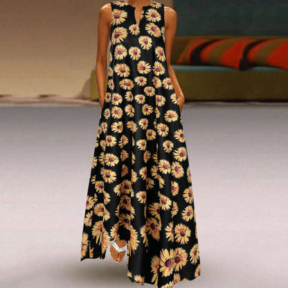Vestido largo bohemio con estampado de girasoles para mujer, sin mangas, informal, con cuello en V
