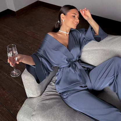 Women Solid Satin Long Sleeve Loose Lace-Up Pajamas Two Piece Set