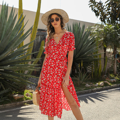 Robe de plage bohème sexy à col en V et imprimé floral en mousseline de soie