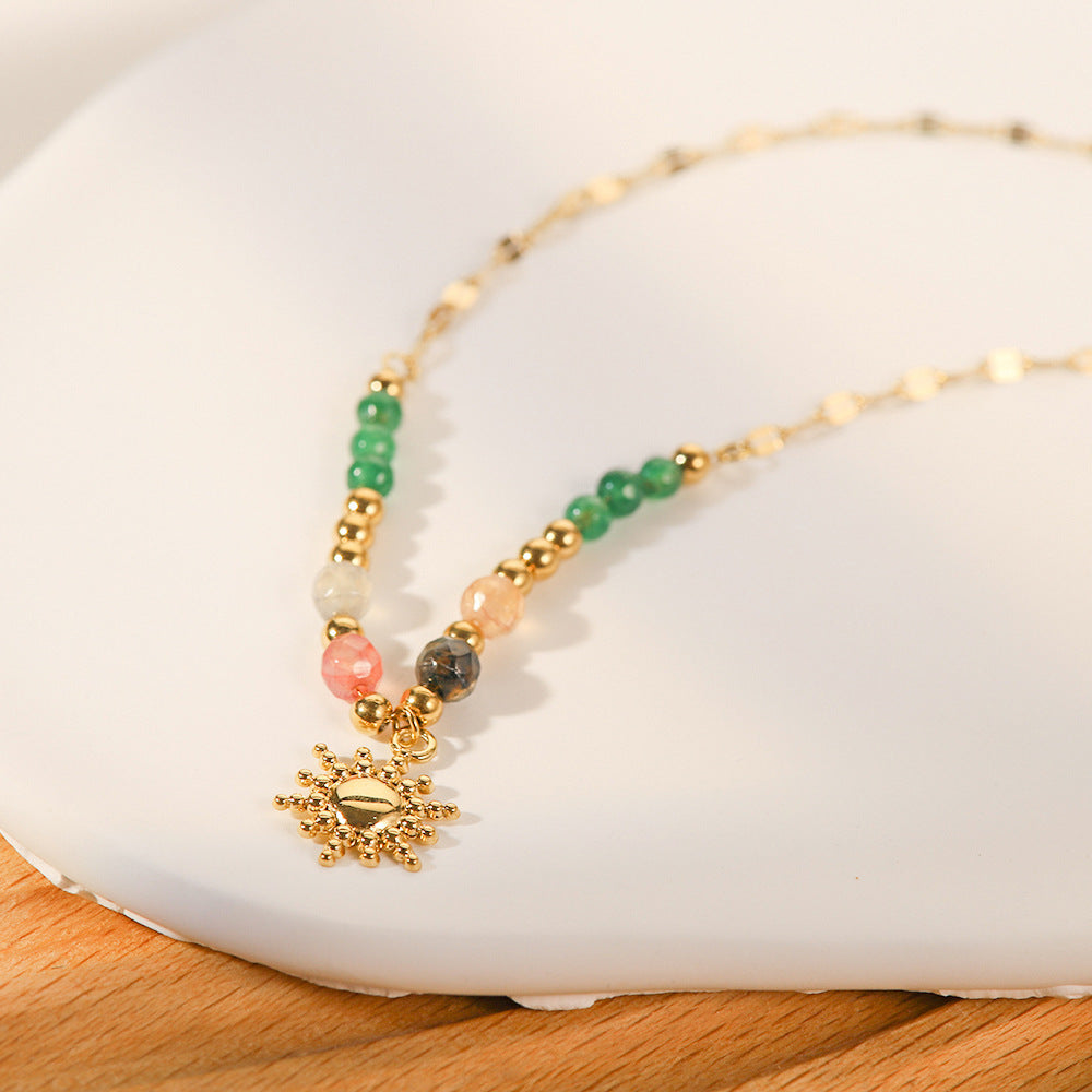 Collar con colgante de sol de piedra natural retro de moda para mujer