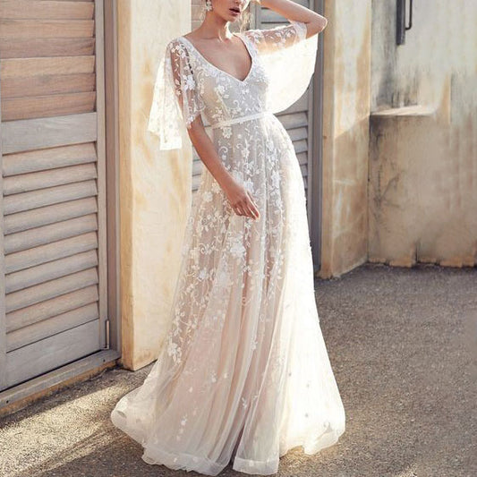Women Elegant Lace Embroidered V-Neck Backless Party Dress